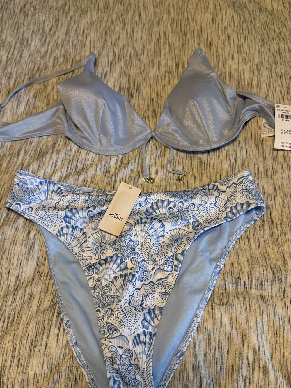 Hollister Light Blue Shimmery Bikini with Blue Floral-Print Bottom